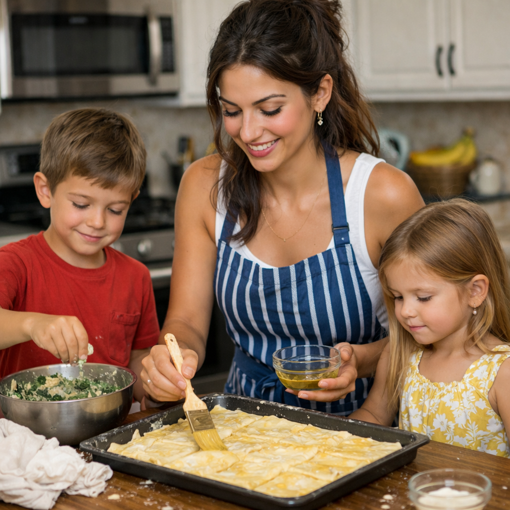 A Greek Au Pair in the USA is cooking with her host family children